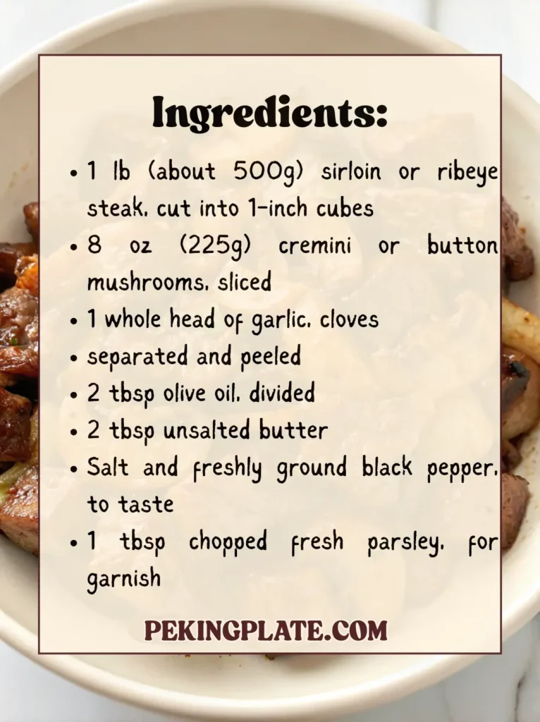 A recipe card listing the ingredients for an easy Chinese beef and mushroom stir fry, featuring steak, mushrooms, garlic, and butter.