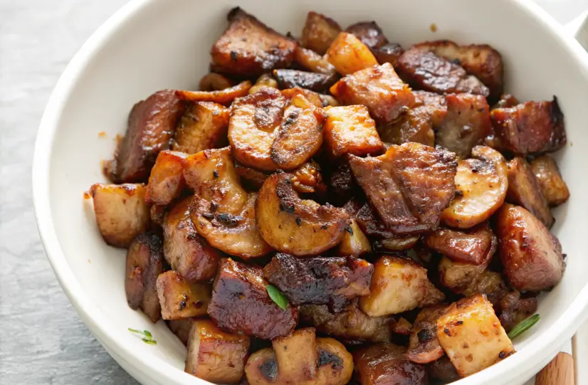 A finished plate of easy Chinese beef and mushroom stir fry.